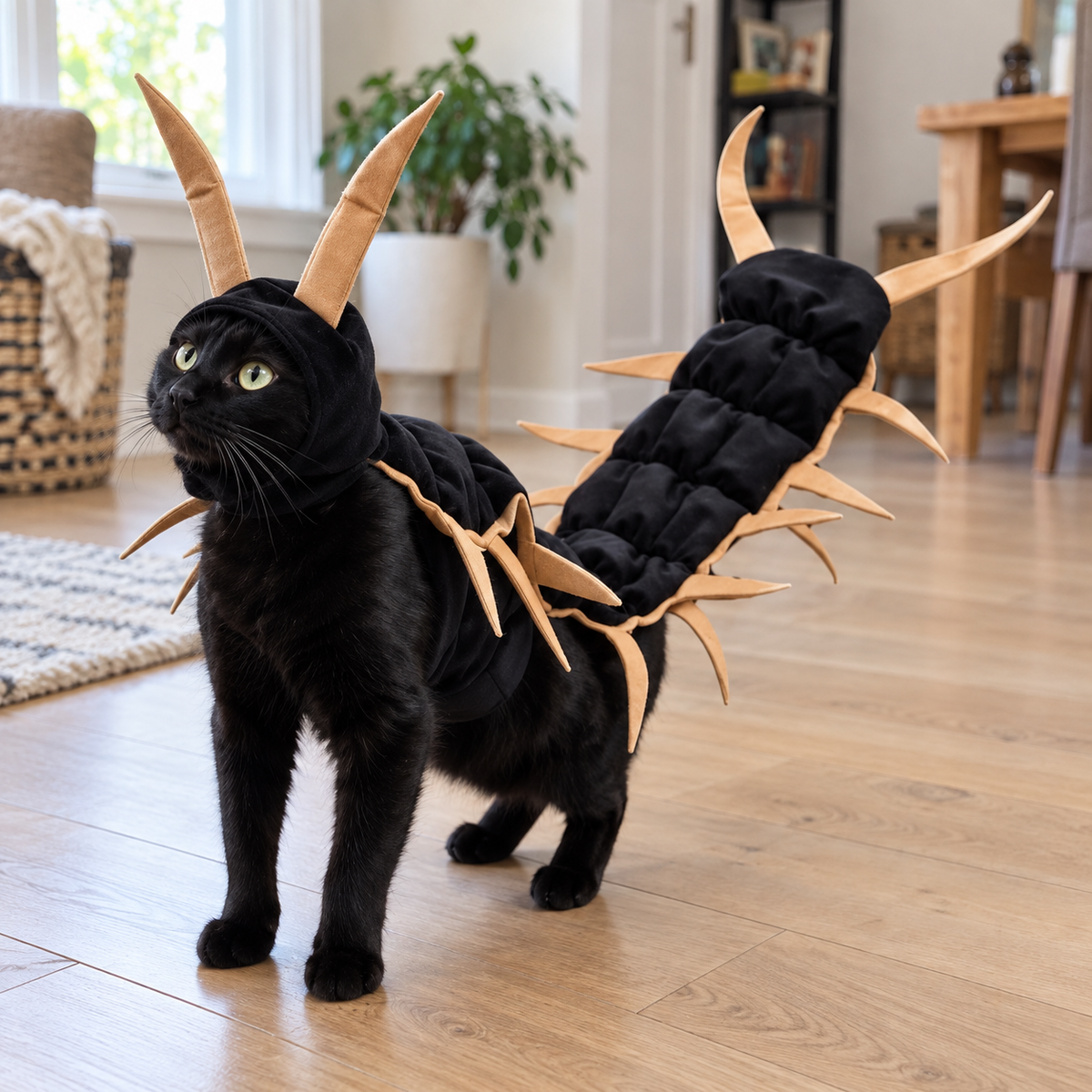 Black cat wearing gold centipede costume in a sunlit home