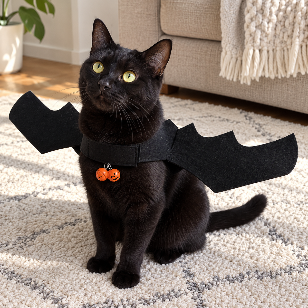 Pumpkin Bell style - black felt bat wings with two orange pumpkin-face jingle bells