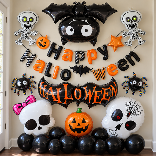 Halloween balloon set with bat, skull and spider foil balloons and black latex balloons by The Festive Atelier