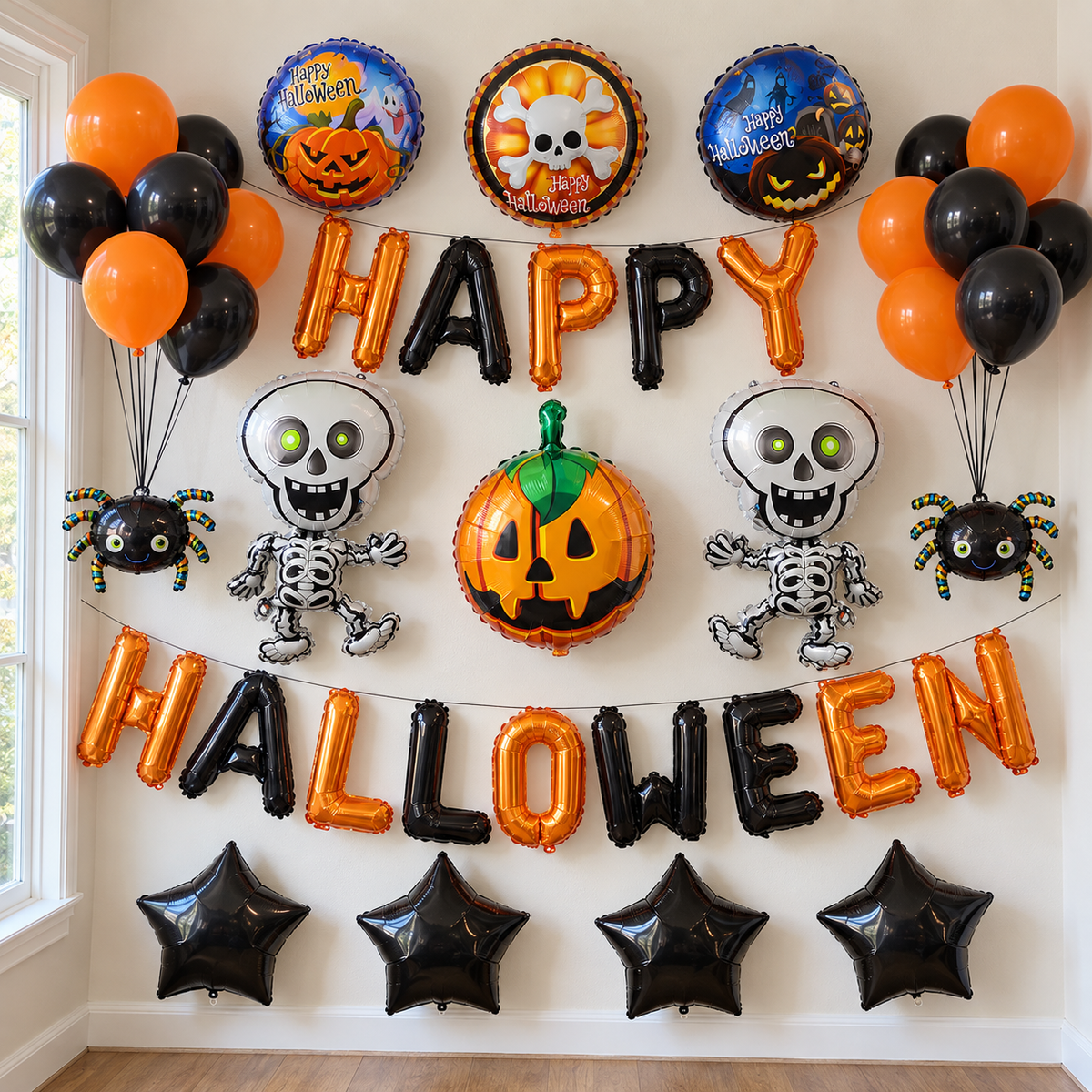 Halloween balloon set with HAPPY HALLOWEEN foil letter balloons, skeletons, spiders and pumpkins by The Festive Atelier