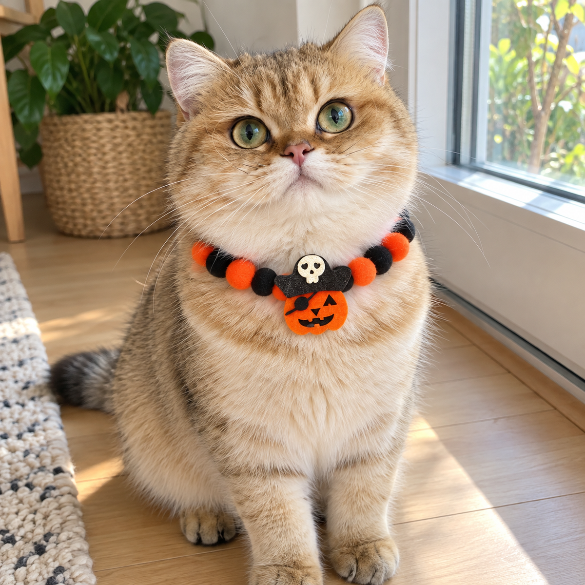 Golden tabby cat wearing the Halloween pom-pom collar with pirate pumpkin decoration