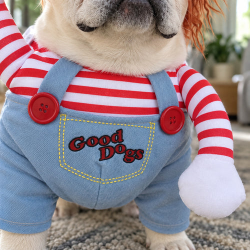 Close-up of the "Good Dogs" pocket with yellow stitching and red buttons on the scary doll dog costume