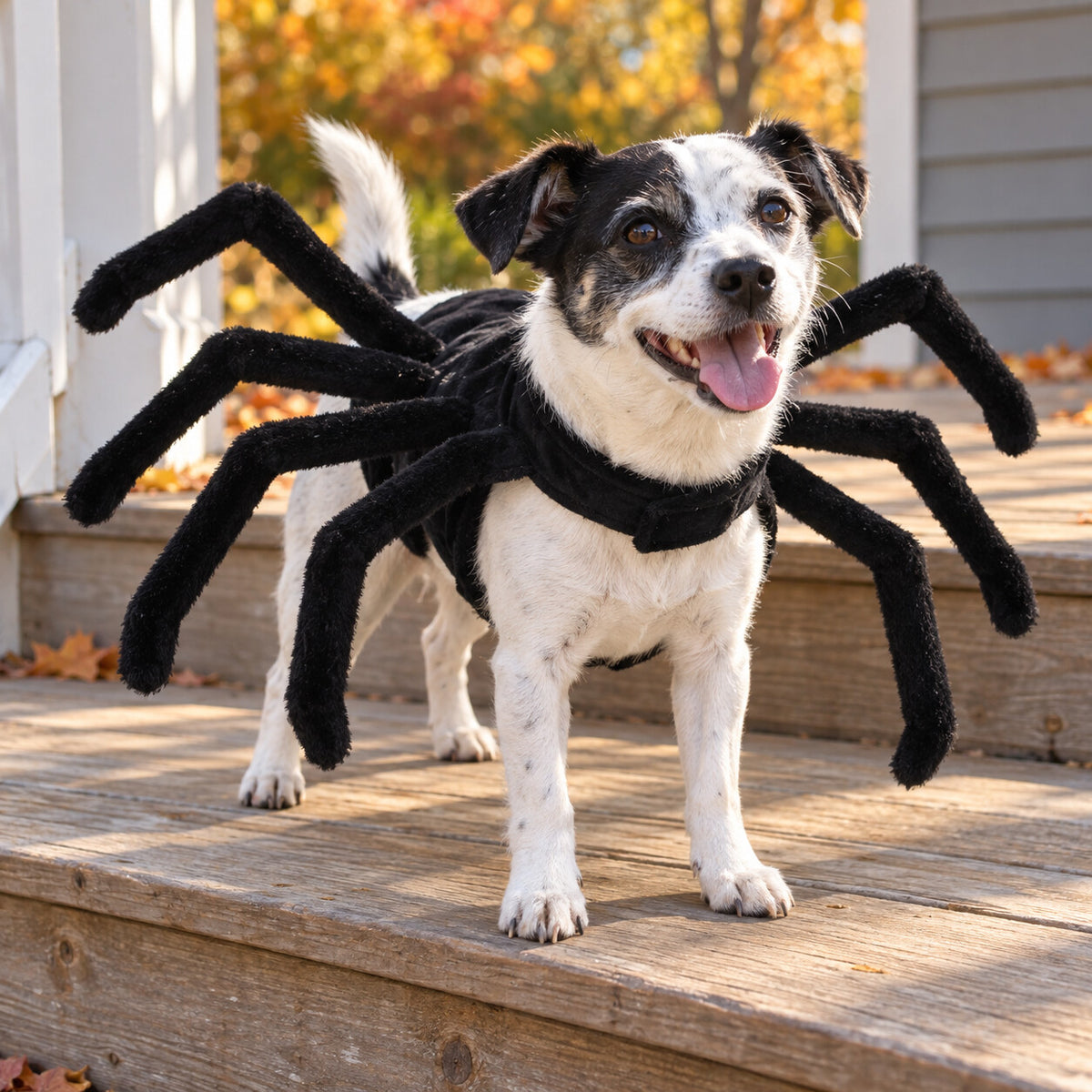Small dog wearing the black spider chest and back costume – sizes S to 2XL