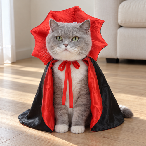 Grey cat wearing a black satin vampire cape with a red scalloped stand-up collar – The Festive Atelier