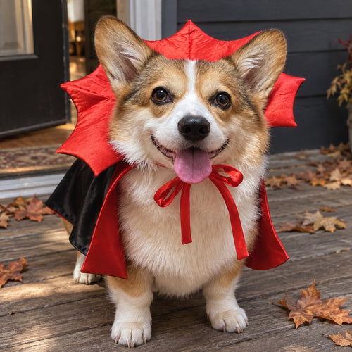 Corgi wearing the pet vampire cape with a red scalloped collar and satin bow on a front porch