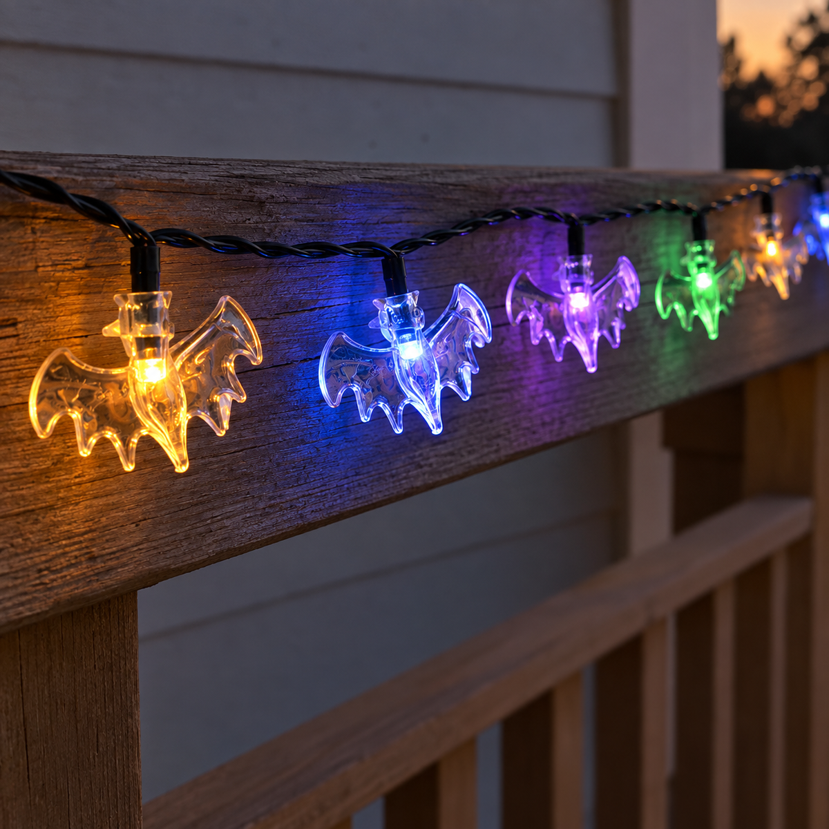 Multicolour 3D bat string lights along a porch beam at dusk