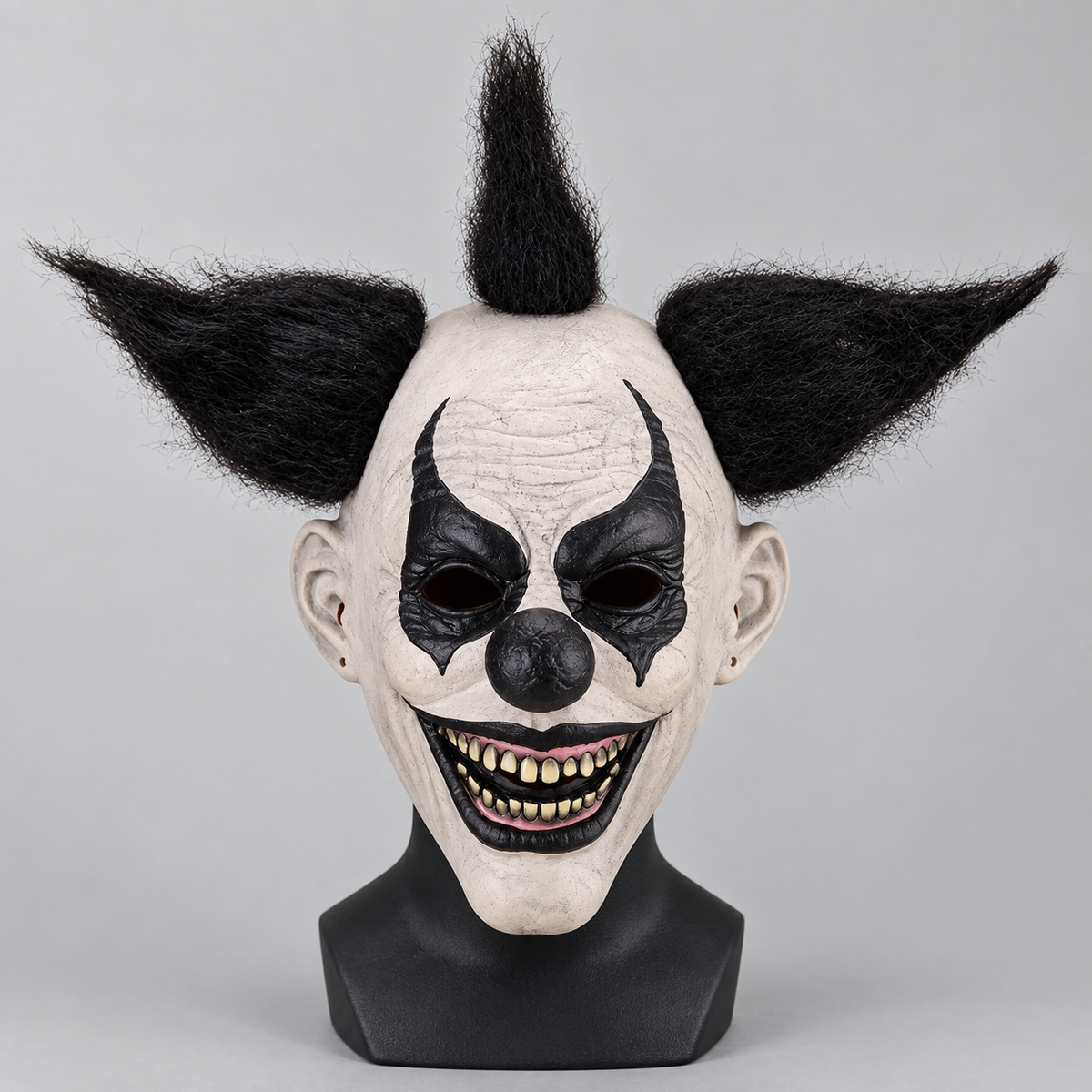 Evil Clown style - full head latex clown mask with black hair and a chalky white face