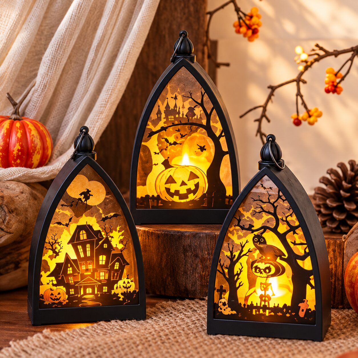 Haunted castle lanterns glowing on a table