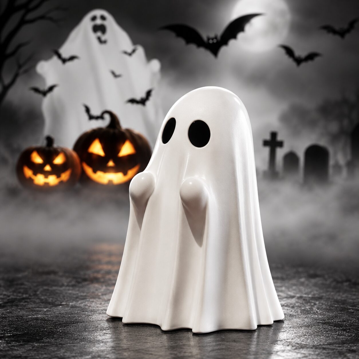 Little ghost statue with jack-o-lanterns